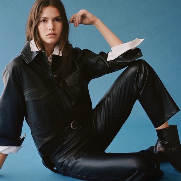 Mango MNG Lille Black Vegan Faux Leather Seamed Straight Leg Trouser Pants Sz 4 - Picture 2 of 16